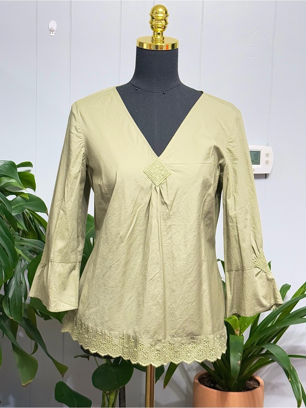 #17)  95% Cotton Stretch V-Neck Light Olive Green Lace-Hem Blouse